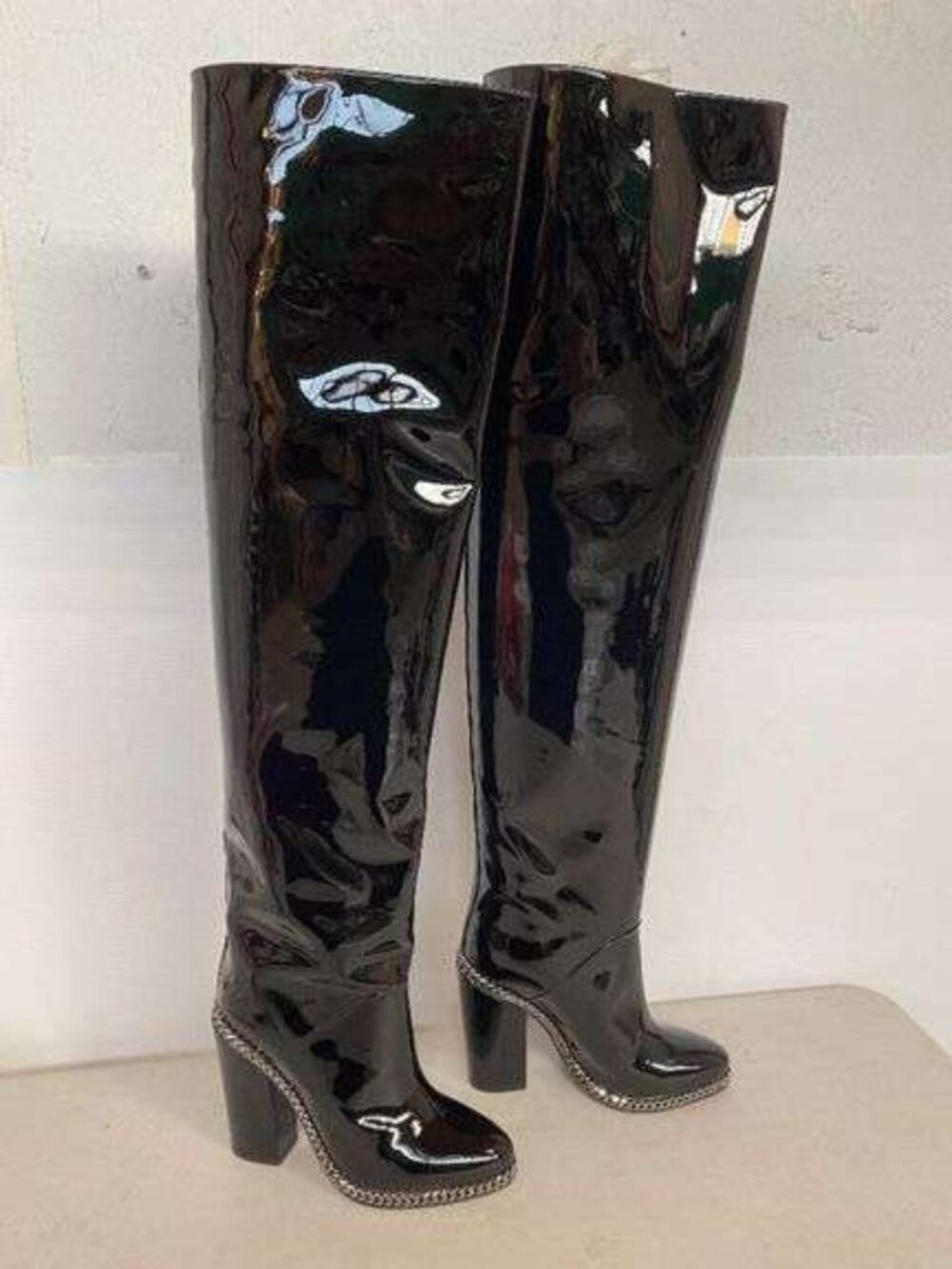 Balmain Patent Leather Boots with Chain Trim - Size 39 / 8.5